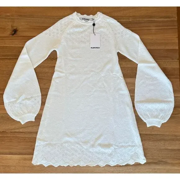 Rumored Pointelle Knit Sweater Mini Dress White Size Small - Picture 3 of 11